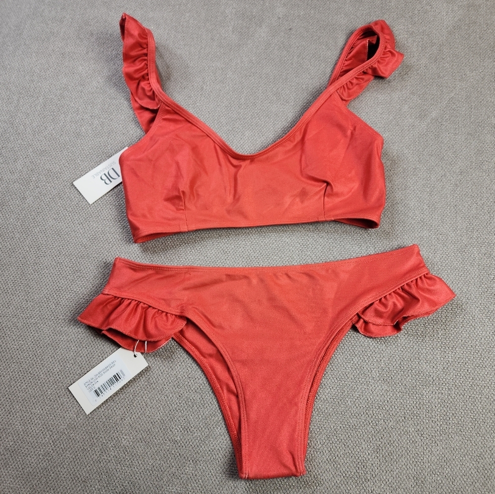 NWT Dream Bandits Sustainable Fire Red Orange‎ Ruffle Trim Bikini Set Size Small